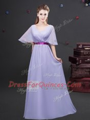 Lavender V-neck Zipper Ruching and Belt Dama Dress for Quinceanera Half Sleeves