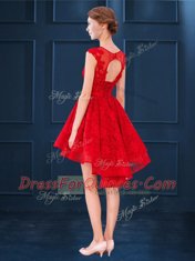 Scoop Lace Dama Dress for Quinceanera Red Lace Up Sleeveless High Low