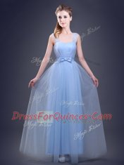 Dazzling Straps Light Blue Sleeveless Ruching and Bowknot Floor Length Dama Dress