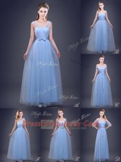 Dazzling Straps Light Blue Sleeveless Ruching and Bowknot Floor Length Dama Dress