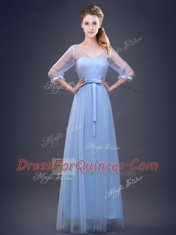 Flare Light Blue Empire Ruching and Bowknot Court Dresses for Sweet 16 Lace Up Tulle Half Sleeves Floor Length
