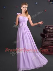 Shining One Shoulder Ruching and Hand Made Flower Damas Dress Lavender Zipper Sleeveless Floor Length