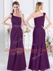 One Shoulder Chiffon Sleeveless Floor Length Court Dresses for Sweet 16 and Ruching