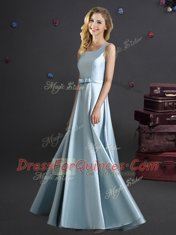 Customized Square Light Blue Elastic Woven Satin Zipper Damas Dress Sleeveless Floor Length Bowknot