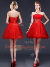 Mini Length Lace Up Dama Dress for Quinceanera Red for Prom and Party with Beading and Ruching and Belt
