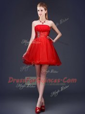 Mini Length Lace Up Dama Dress for Quinceanera Red for Prom and Party with Beading and Ruching and Belt