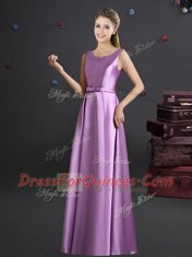 Sexy Lilac Empire Elastic Woven Satin Straps Sleeveless Bowknot Floor Length Zipper Quinceanera Court of Honor Dress