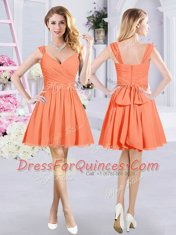 Straps Sleeveless Quinceanera Court of Honor Dress Mini Length Ruching and Belt Orange Chiffon