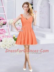Straps Sleeveless Quinceanera Court of Honor Dress Mini Length Ruching and Belt Orange Chiffon
