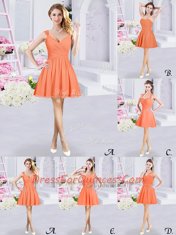Straps Sleeveless Quinceanera Court of Honor Dress Mini Length Ruching and Belt Orange Chiffon