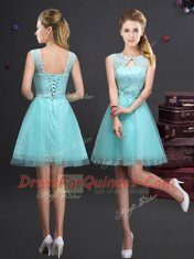 Aqua Blue Scoop Lace Up Lace and Appliques and Belt Dama Dress for Quinceanera Sleeveless