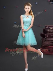 Aqua Blue Scoop Lace Up Lace and Appliques and Belt Dama Dress for Quinceanera Sleeveless