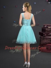 Aqua Blue Scoop Lace Up Lace and Appliques and Belt Dama Dress for Quinceanera Sleeveless