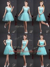 Aqua Blue Scoop Lace Up Lace and Appliques and Belt Dama Dress for Quinceanera Sleeveless