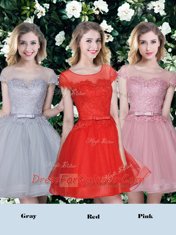 Scoop Short Sleeves Quinceanera Court of Honor Dress Mini Length Appliques and Belt Red and Pink and Grey Tulle