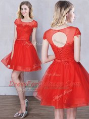 Scoop Short Sleeves Quinceanera Court of Honor Dress Mini Length Appliques and Belt Red and Pink and Grey Tulle