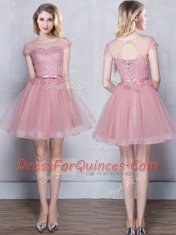 Scoop Short Sleeves Quinceanera Court of Honor Dress Mini Length Appliques and Belt Red and Pink and Grey Tulle