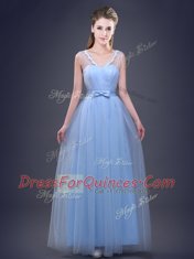 Ideal V-neck Sleeveless Lace Up Quinceanera Dama Dress Light Blue Tulle