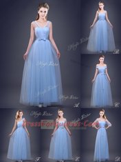 Ideal V-neck Sleeveless Lace Up Quinceanera Dama Dress Light Blue Tulle
