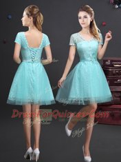 Aqua Blue A-line Beading and Lace and Appliques and Belt Dama Dress Lace Up Tulle Sleeveless Mini Length