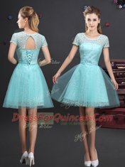 Aqua Blue A-line Beading and Lace and Appliques and Belt Dama Dress Lace Up Tulle Sleeveless Mini Length