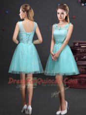 Aqua Blue A-line Beading and Lace and Appliques and Belt Dama Dress Lace Up Tulle Sleeveless Mini Length