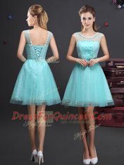 Aqua Blue A-line Beading and Lace and Appliques and Belt Dama Dress Lace Up Tulle Sleeveless Mini Length