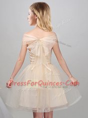 Off the Shoulder Champagne A-line Lace and Appliques and Belt Dama Dress Lace Up Tulle Short Sleeves Mini Length