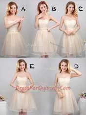 Off the Shoulder Champagne A-line Lace and Appliques and Belt Dama Dress Lace Up Tulle Short Sleeves Mini Length