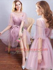 Charming Scoop Half Sleeves Lace Up Quinceanera Dama Dress Pink Tulle