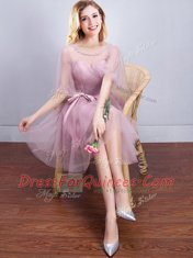 Charming Scoop Half Sleeves Lace Up Quinceanera Dama Dress Pink Tulle