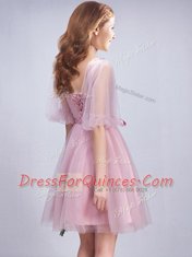 Charming Scoop Half Sleeves Lace Up Quinceanera Dama Dress Pink Tulle