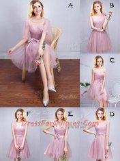 Charming Scoop Half Sleeves Lace Up Quinceanera Dama Dress Pink Tulle