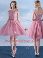 Superior Pink Lace Up Scoop Appliques and Belt Quinceanera Court of Honor Dress Tulle Cap Sleeves