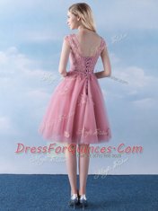 Superior Pink Lace Up Scoop Appliques and Belt Quinceanera Court of Honor Dress Tulle Cap Sleeves