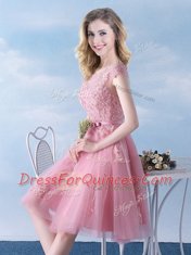 Superior Pink Lace Up Scoop Appliques and Belt Quinceanera Court of Honor Dress Tulle Cap Sleeves