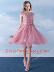 Superior Pink Lace Up Scoop Appliques and Belt Quinceanera Court of Honor Dress Tulle Cap Sleeves