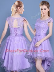 Scoop Lace Vestidos de Damas Lavender Lace Up Cap Sleeves High Low