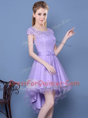 Scoop Lace Vestidos de Damas Lavender Lace Up Cap Sleeves High Low