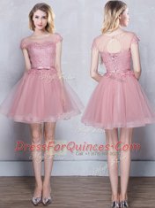 Stylish Scoop Pink Lace Up Dama Dress Lace and Appliques and Belt Short Sleeves Mini Length