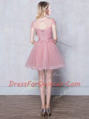 Stylish Scoop Pink Lace Up Dama Dress Lace and Appliques and Belt Short Sleeves Mini Length