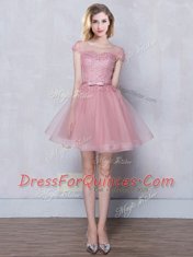 Stylish Scoop Pink Lace Up Dama Dress Lace and Appliques and Belt Short Sleeves Mini Length