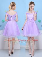 Lavender A-line Tulle V-neck Cap Sleeves Bowknot Knee Length Lace Up Dama Dress for Quinceanera