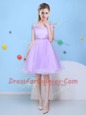 Lavender A-line Tulle V-neck Cap Sleeves Bowknot Knee Length Lace Up Dama Dress for Quinceanera