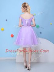 Lavender A-line Tulle V-neck Cap Sleeves Bowknot Knee Length Lace Up Dama Dress for Quinceanera