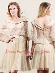 Sleeveless Tulle and Lace Mini Length Zipper Quinceanera Court of Honor Dress in Champagne with Lace