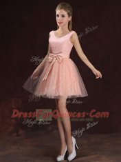 Modern Peach A-line V-neck Sleeveless Tulle and Lace Mini Length Lace Up Lace and Bowknot Court Dresses for Sweet 16