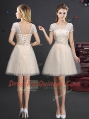 Champagne V-neck Neckline Beading and Lace and Appliques and Belt Dama Dress Sleeveless Lace Up