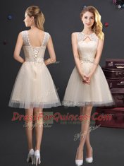 Champagne V-neck Neckline Beading and Lace and Appliques and Belt Dama Dress Sleeveless Lace Up