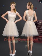 Champagne V-neck Neckline Beading and Lace and Appliques and Belt Dama Dress Sleeveless Lace Up